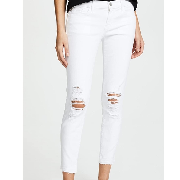 J Brand Cropped Low Rise Jeans 9326 White Distressed Cotton Skinny Raw Hem 31 - Picture 7 of 16